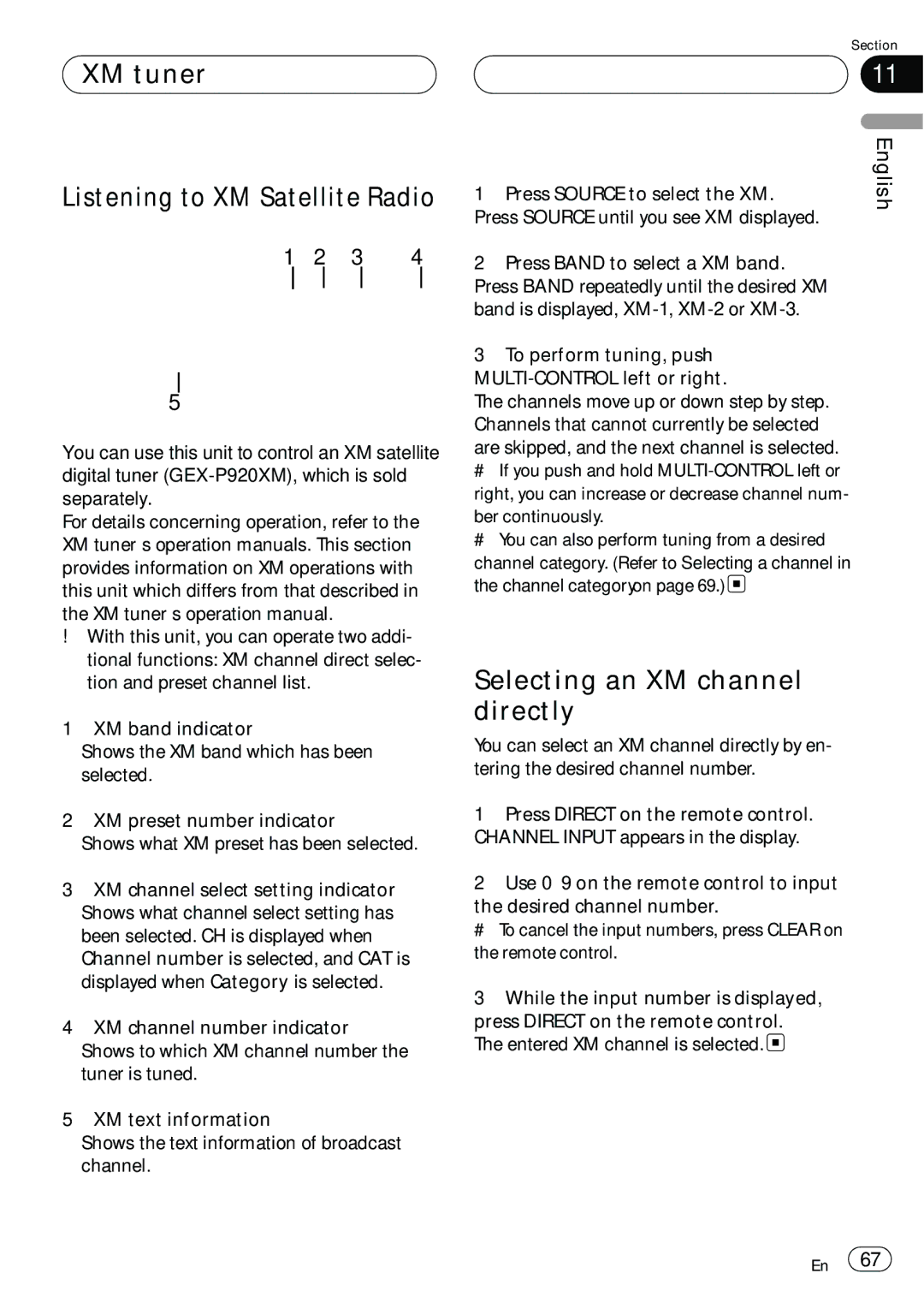 Pioneer DEH-P980BT operation manual XM tuner Listening to XM Satellite Radio, Selecting an XM channel directly 