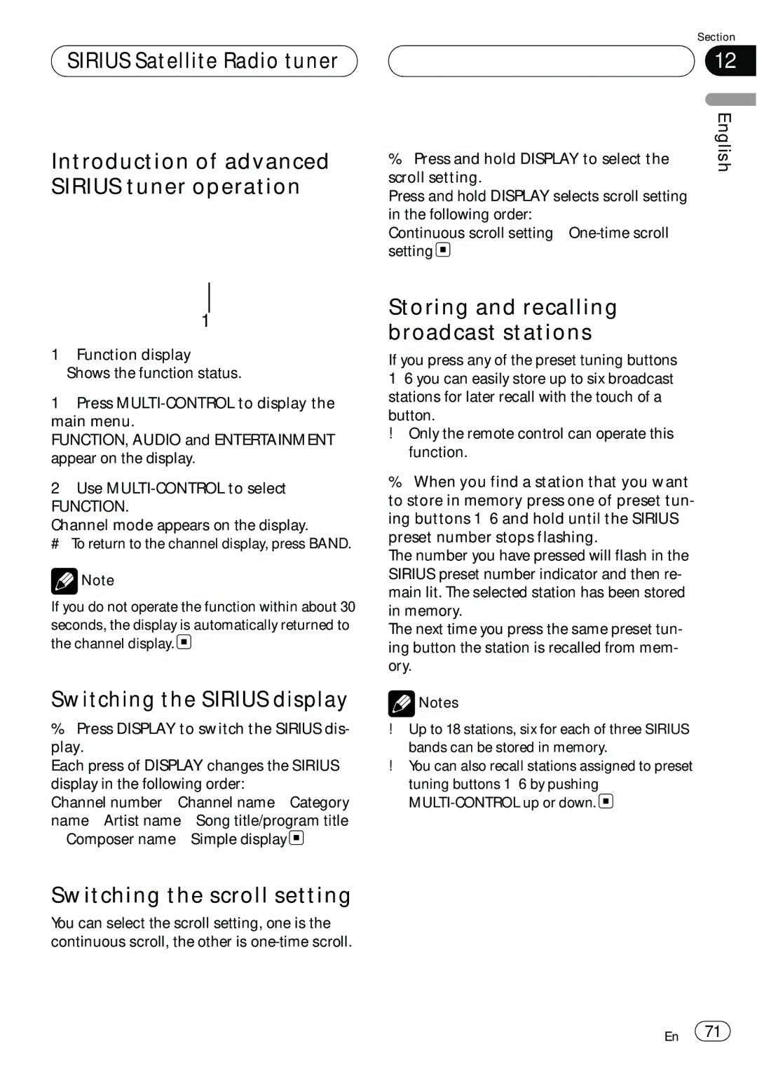 Pioneer DEH-P980BT operation manual Switching the Sirius display, Switching the scroll setting 