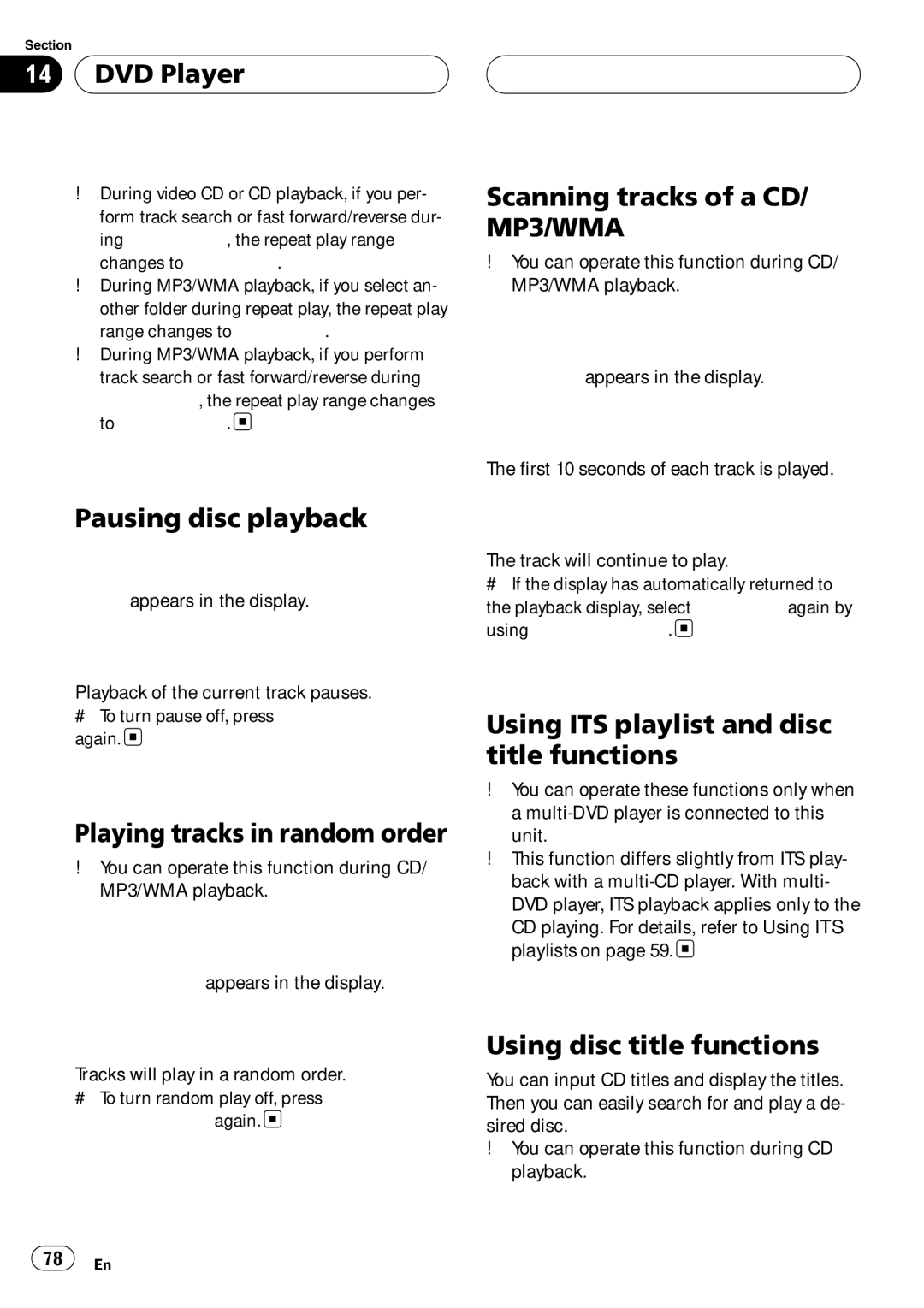 Pioneer DEH-P980BT operation manual DVD Player, Pausing disc playback, Scanning tracks of a CD/ MP3/WMA 