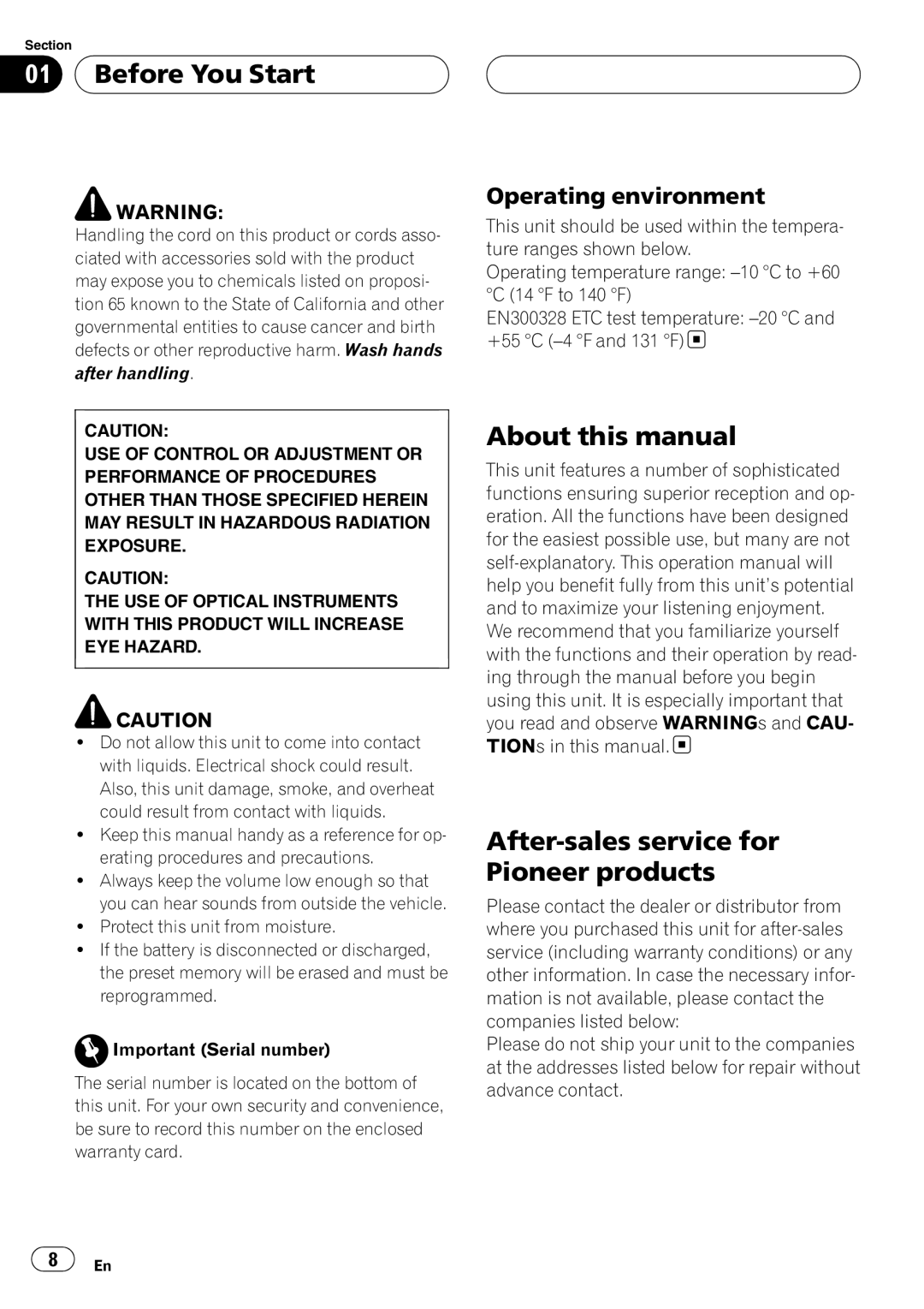 Pioneer DEH-P980BT Before You Start, About this manual After-sales service for Pioneer products, Operating environment 