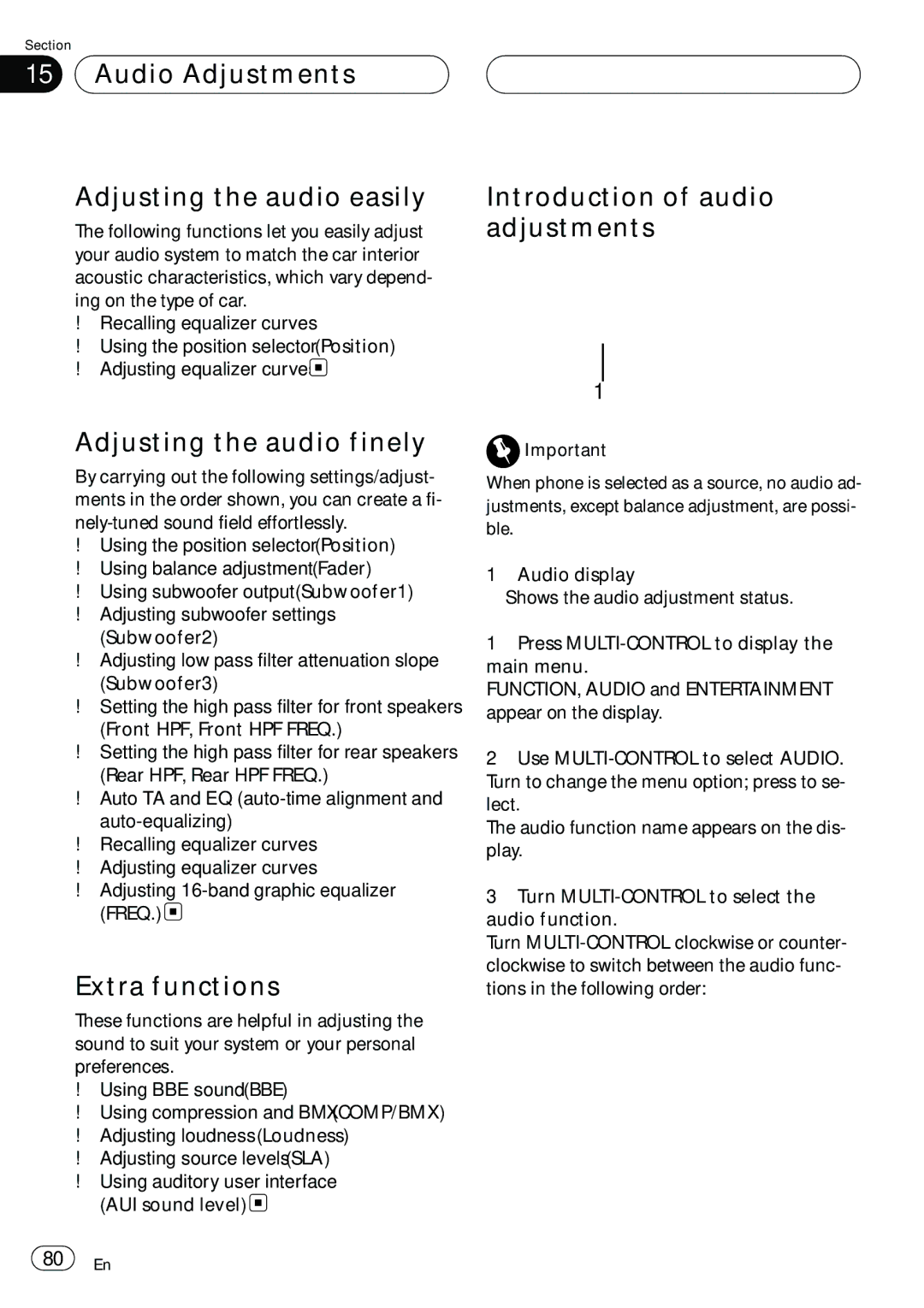 Pioneer DEH-P980BT Audio Adjustments Adjusting the audio easily, Adjusting the audio finely, Extra functions 