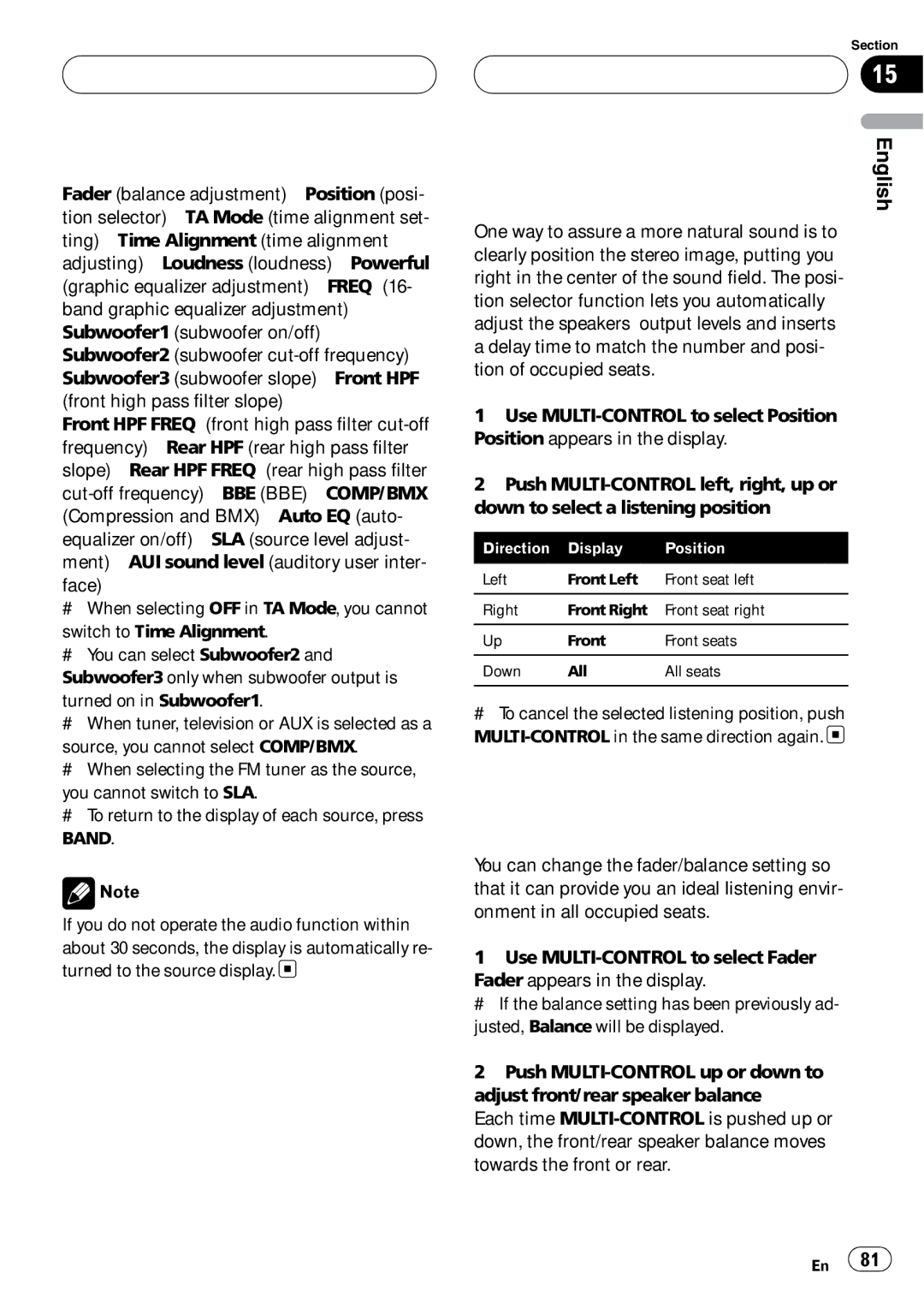 Pioneer DEH-P980BT operation manual Audio Adjustments, Using the position selector, Using balance adjustment 