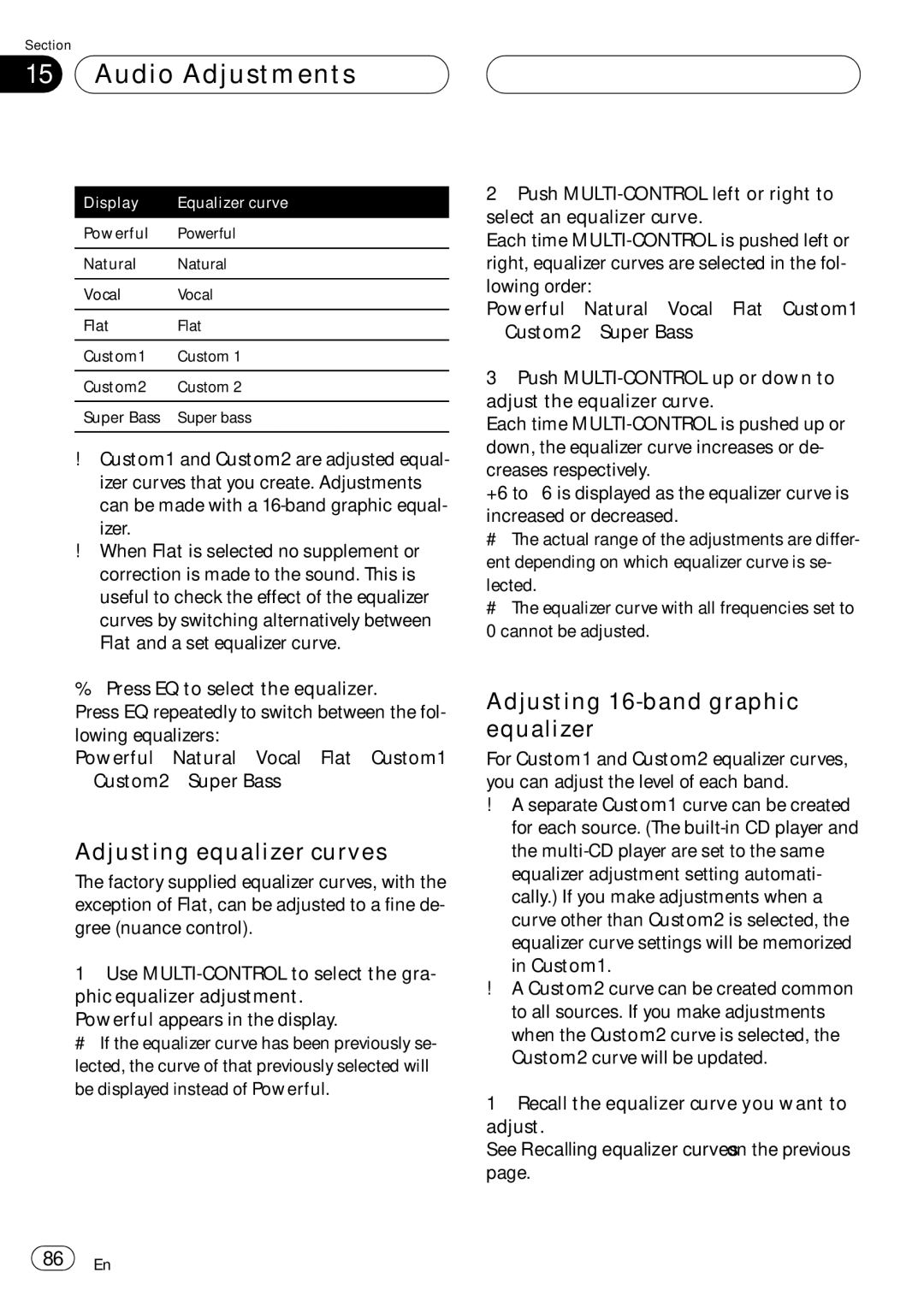 Pioneer DEH-P980BT operation manual Adjusting equalizer curves, Adjusting 16-band graphic equalizer 