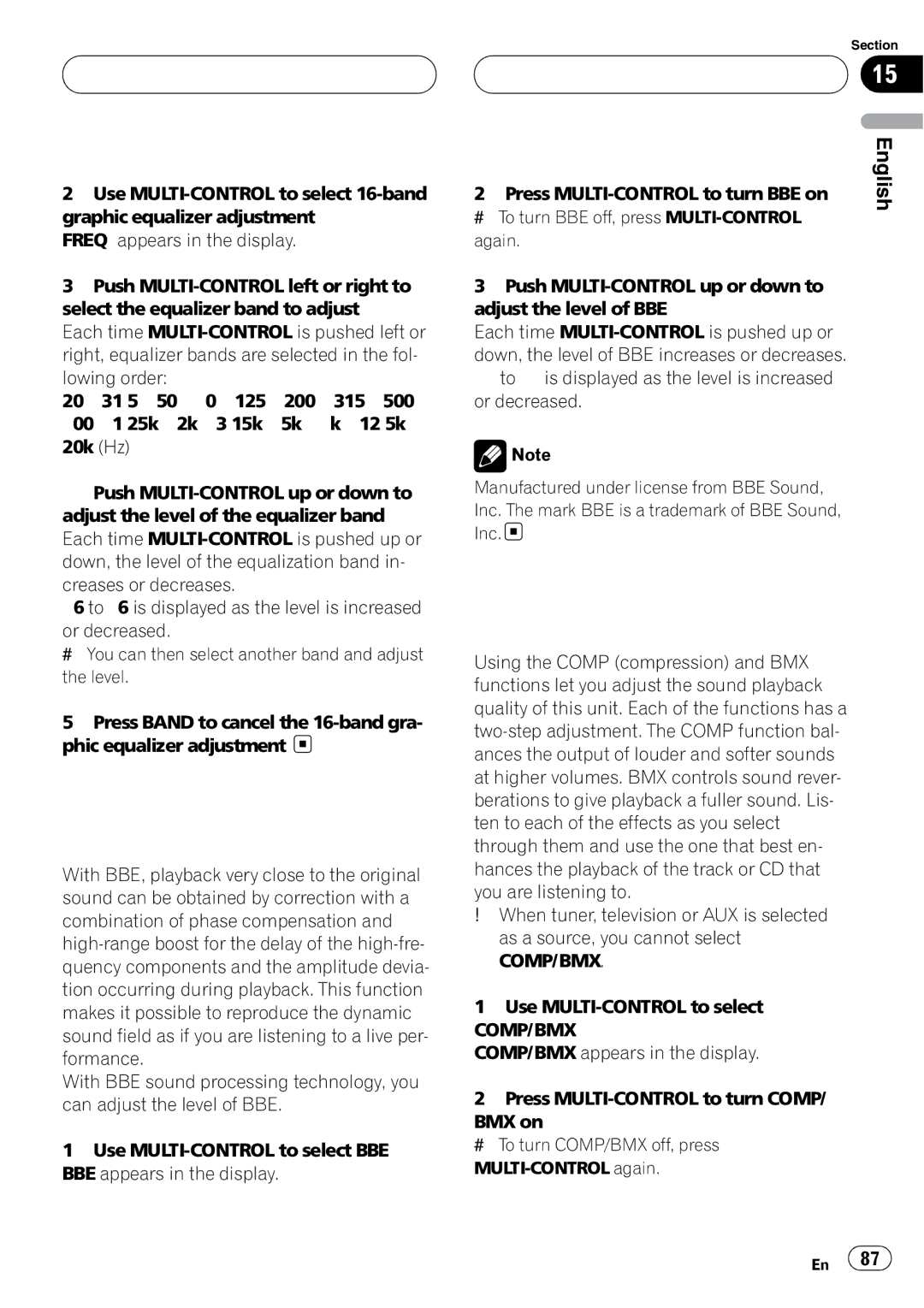 Pioneer DEH-P980BT operation manual Using BBE sound, Using compression and BMX 