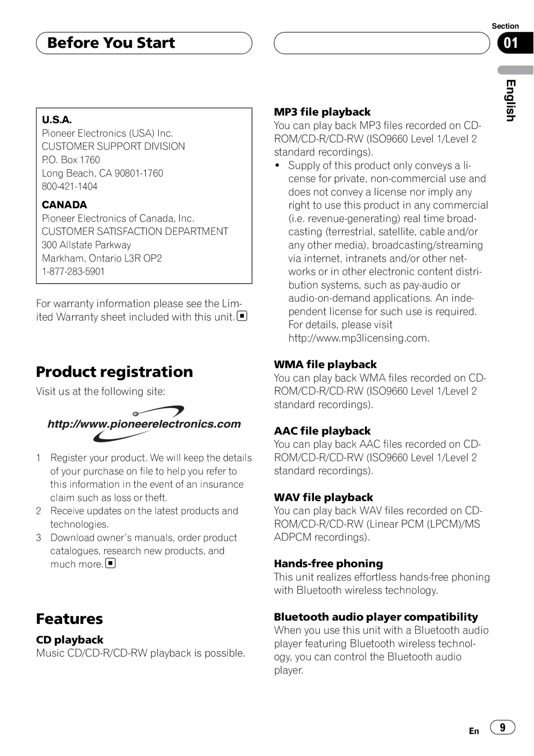 Pioneer DEH-P980BT Product registration, Features, Canada, CD playback Music CD/CD-R/CD-RW playback is possible 