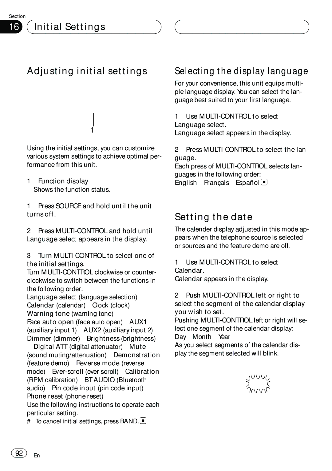 Pioneer DEH-P980BT Initial Settings Adjusting initial settings, Selecting the display language, Setting the date 