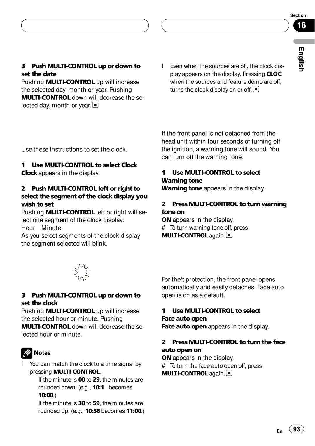 Pioneer DEH-P980BT Initial Settings, Setting the clock, Switching the warning tone, Switching the face auto open 