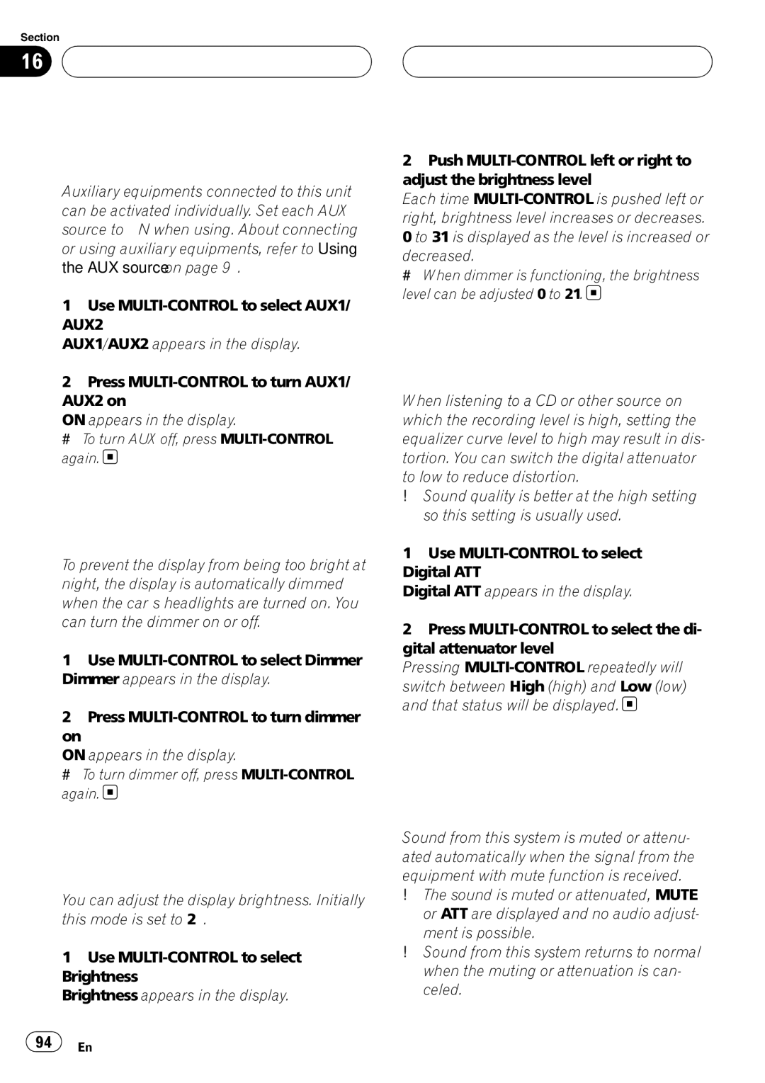 Pioneer DEH-P980BT operation manual Initial Settings Switching the auxiliary setting, Switching the dimmer setting 