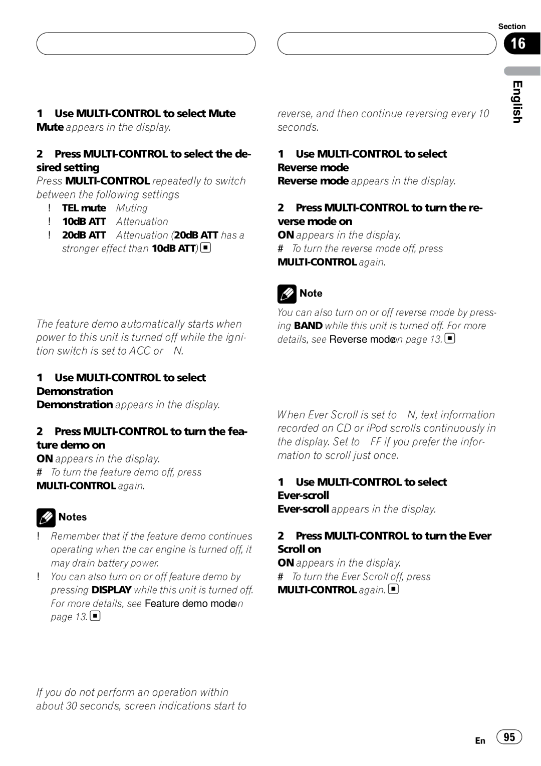 Pioneer DEH-P980BT operation manual Switching the feature demo, Switching the reverse mode, Switching the Ever Scroll 