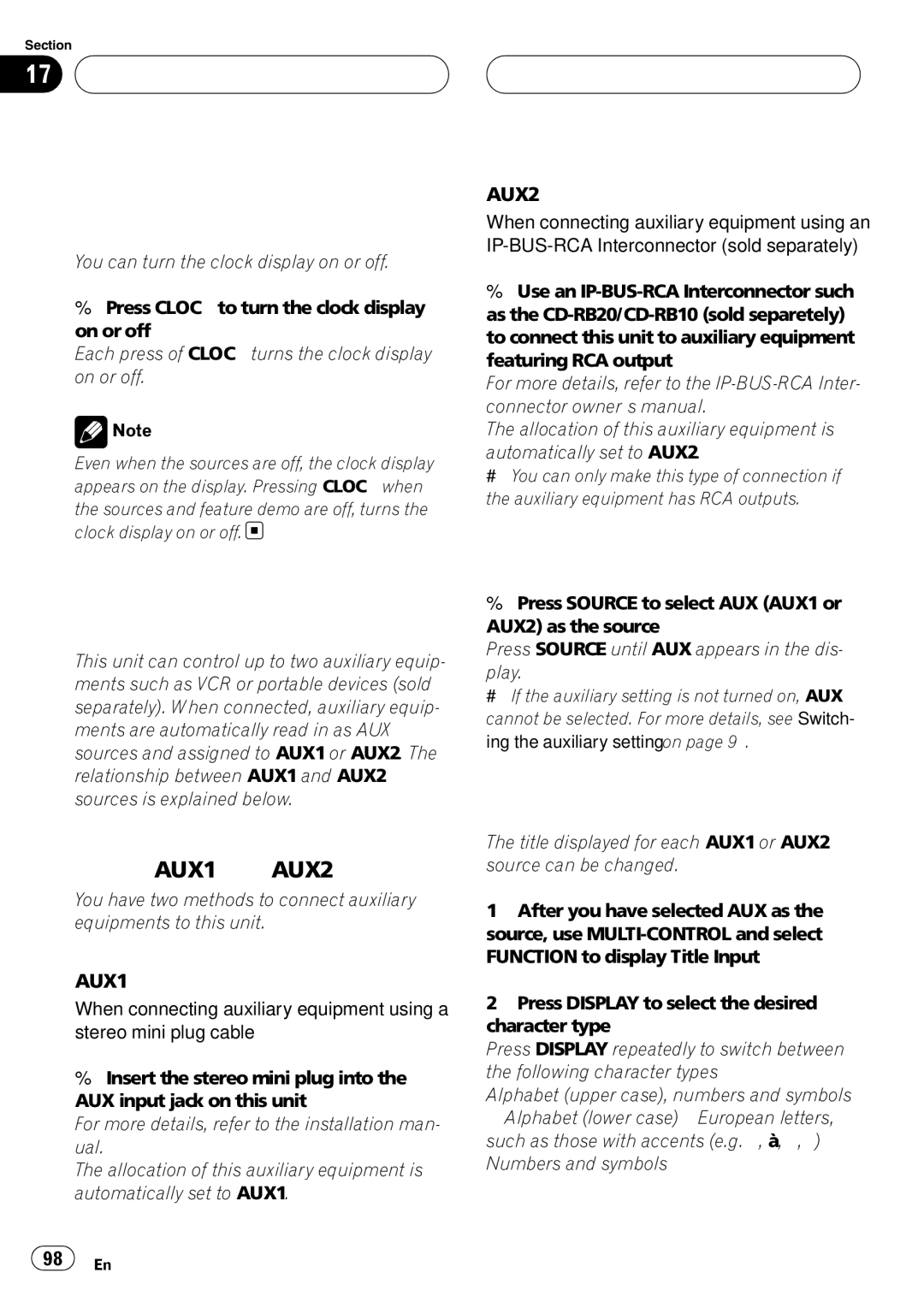 Pioneer DEH-P980BT Other Functions Turning the clock display on or off, Using the AUX source, About AUX1 and AUX2 