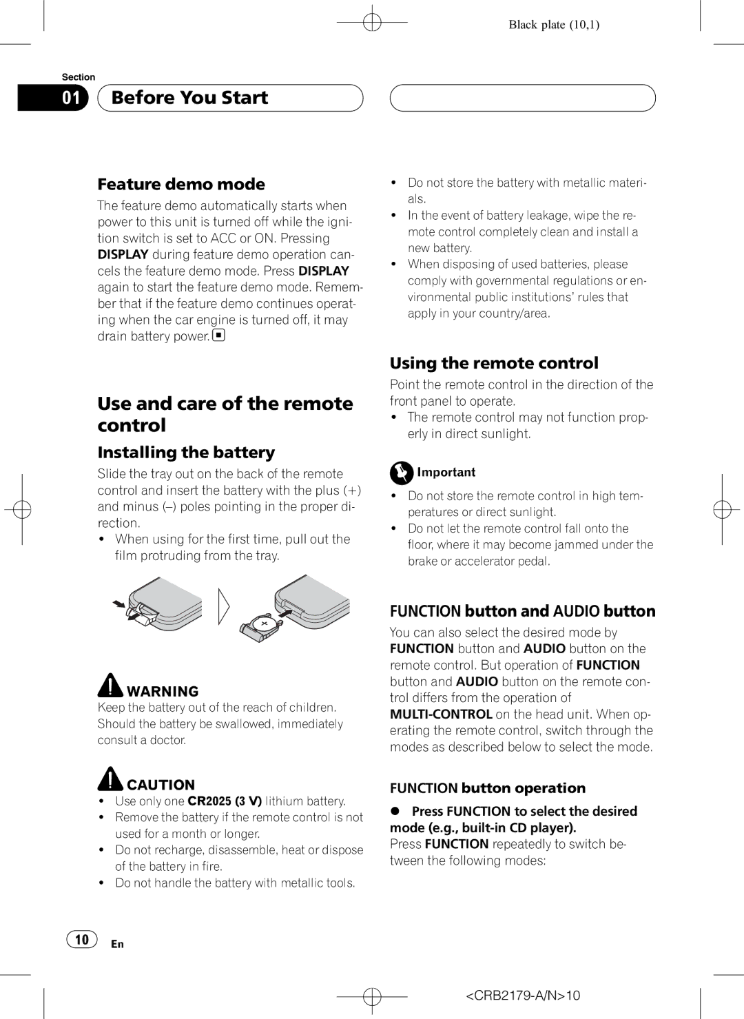 Pioneer DEH-P9850BT operation manual Use and care of the remote control, Feature demo mode, Installing the battery 