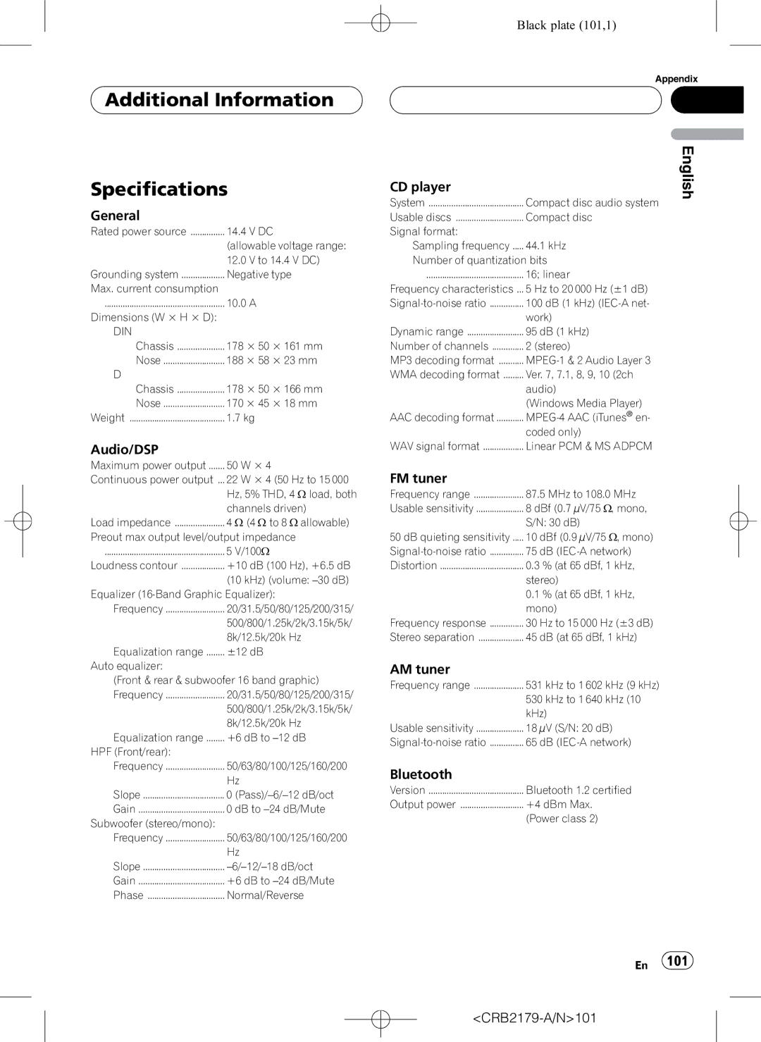 Pioneer DEH-P9850BT operation manual Additional Information Specifications, General 