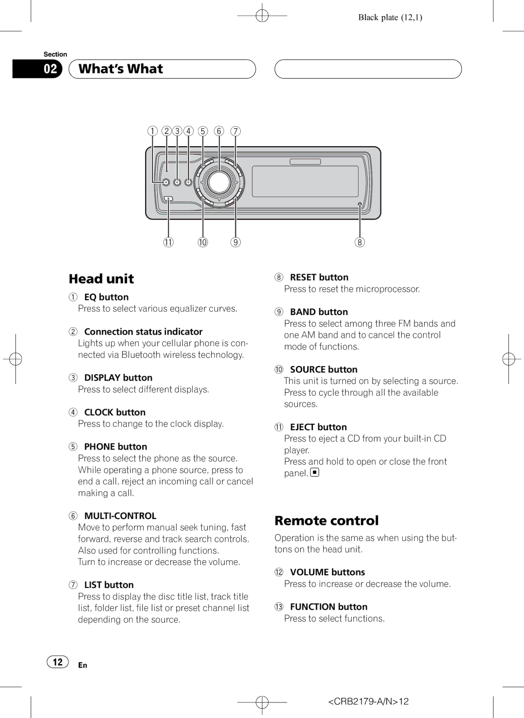 Pioneer DEH-P9850BT operation manual What’s What, Head unit, Remote control 