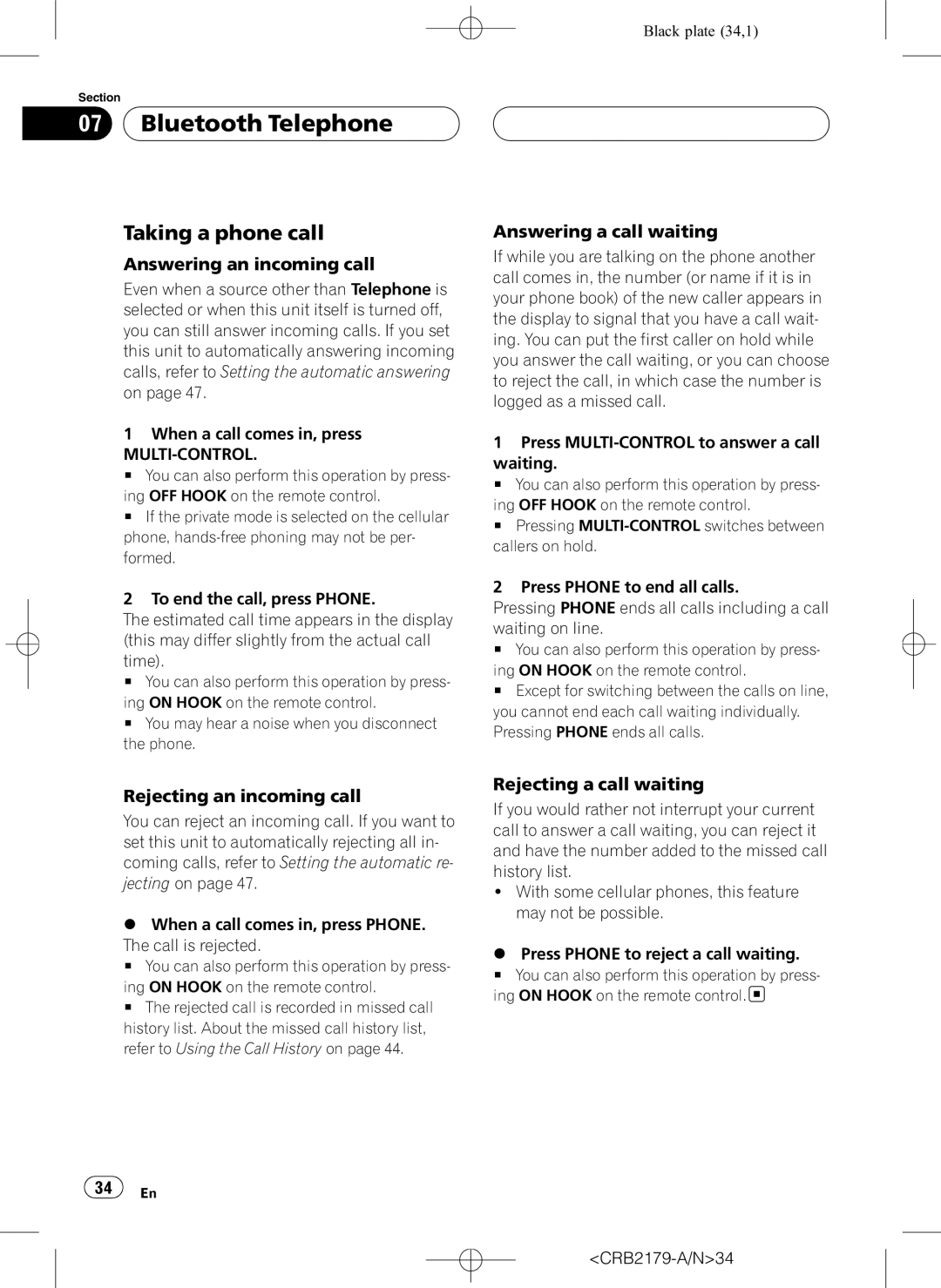 Pioneer DEH-P9850BT operation manual Taking a phone call, Answering an incoming call 