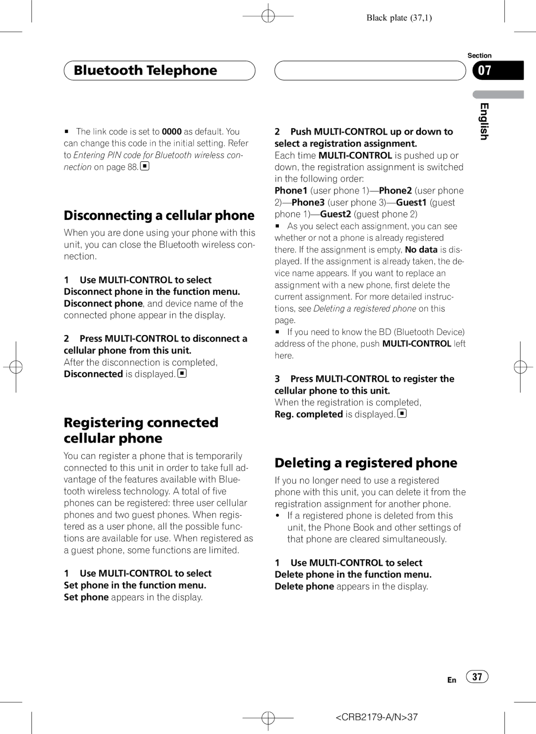 Pioneer DEH-P9850BT Disconnecting a cellular phone, Registering connected cellular phone, Deleting a registered phone 