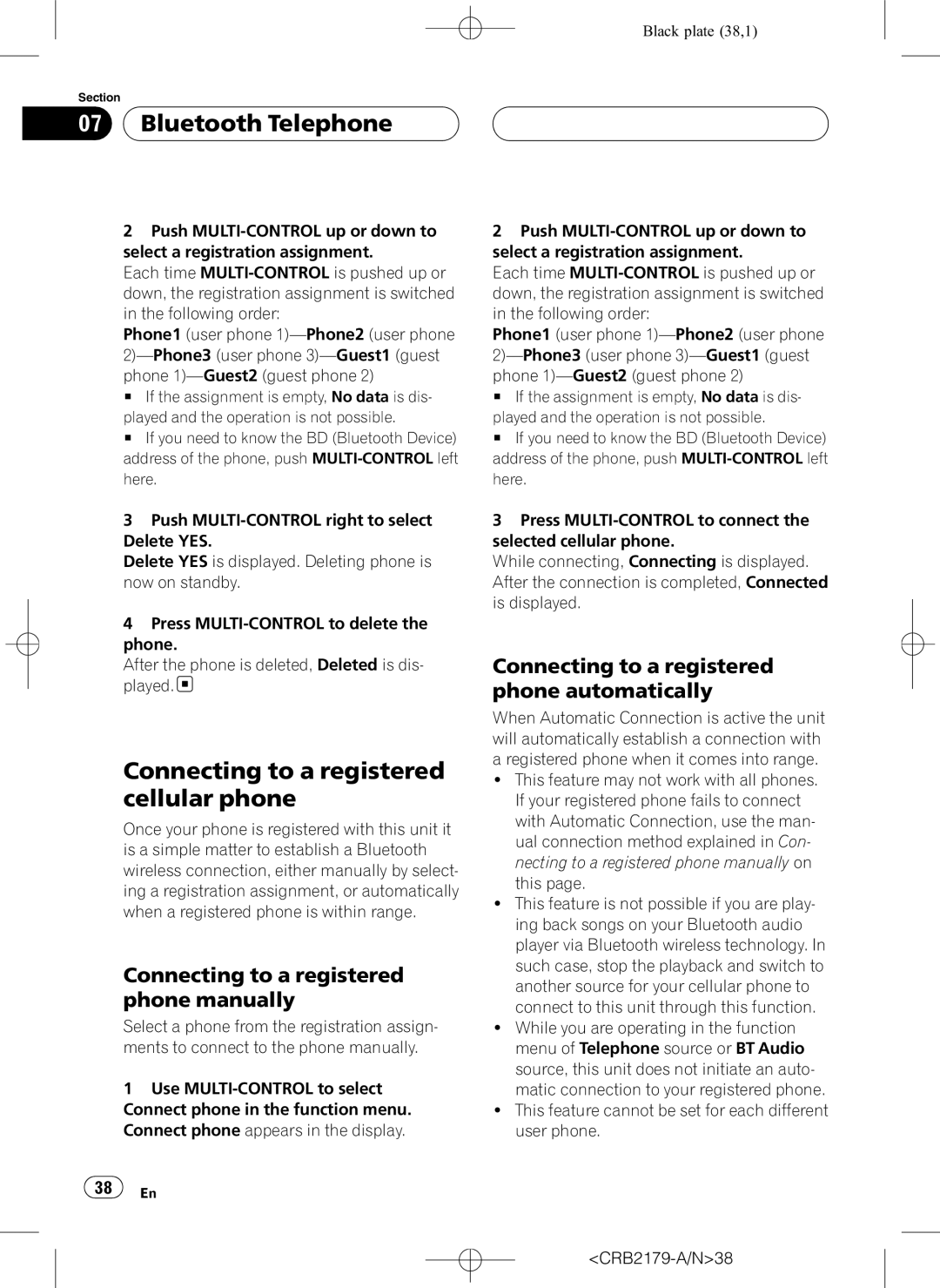 Pioneer DEH-P9850BT operation manual Connecting to a registered cellular phone, Connecting to a registered phone manually 