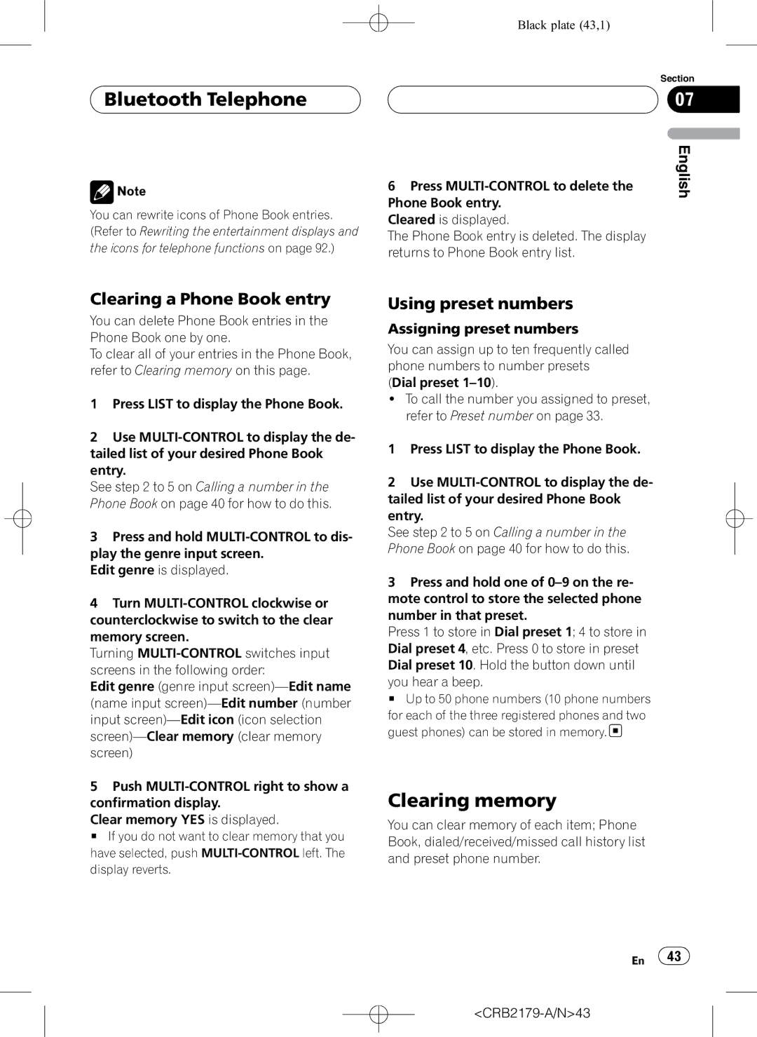 Pioneer DEH-P9850BT operation manual Clearing memory, Clearing a Phone Book entry, Using preset numbers 