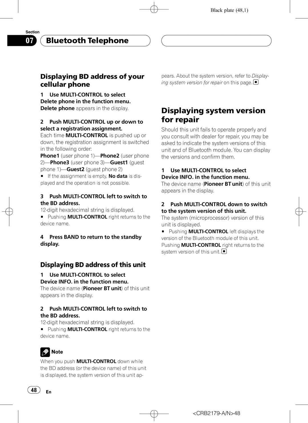 Pioneer DEH-P9850BT operation manual Displaying system version for repair, Displaying BD address of your cellular phone 