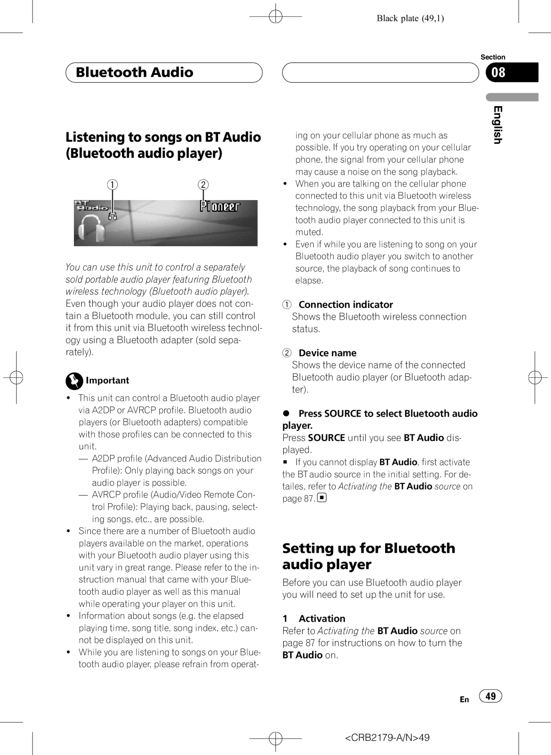 Pioneer DEH-P9850BT operation manual Setting up for Bluetooth audio player 