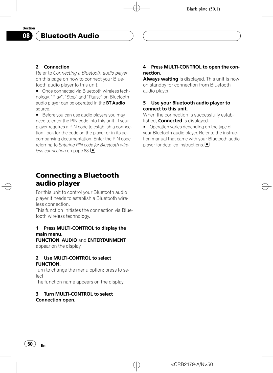 Pioneer DEH-P9850BT operation manual Bluetooth Audio, Connecting a Bluetooth audio player 