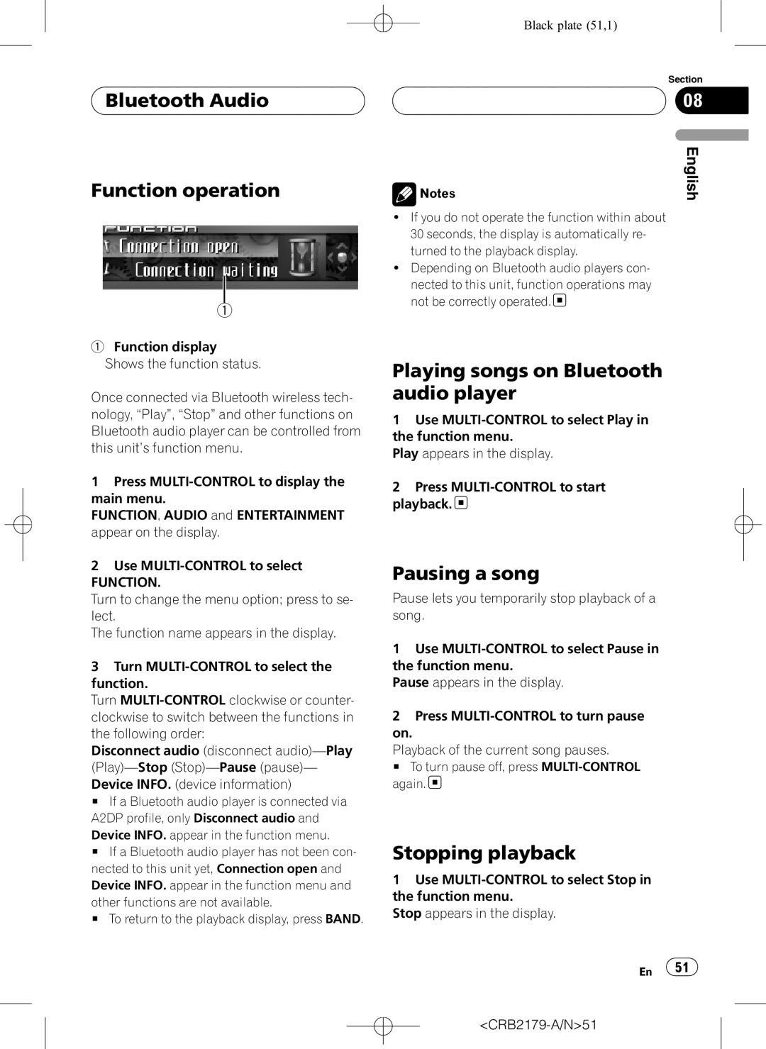 Pioneer DEH-P9850BT Bluetooth Audio Function operation, Playing songs on Bluetooth audio player, Pausing a song 