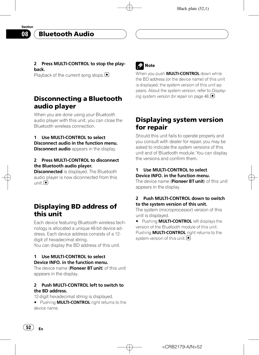 Pioneer DEH-P9850BT operation manual Disconnecting a Bluetooth audio player, Displaying BD address of this unit 