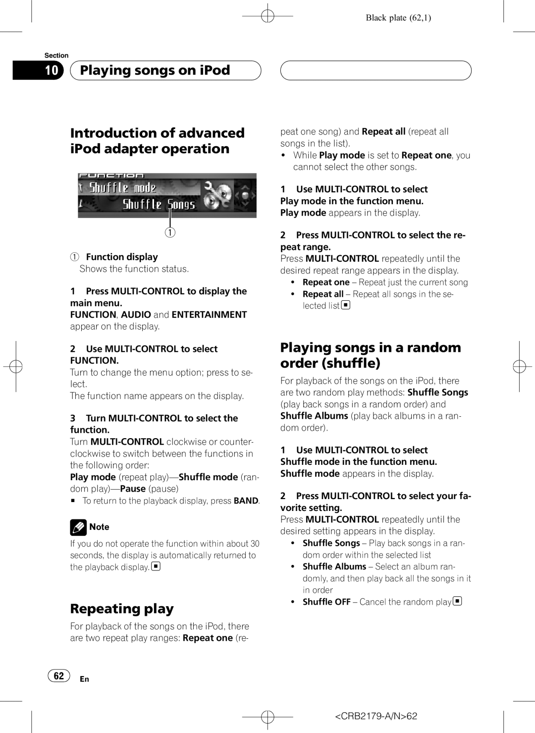 Pioneer DEH-P9850BT operation manual Repeating play, Playing songs in a random order shuffle 