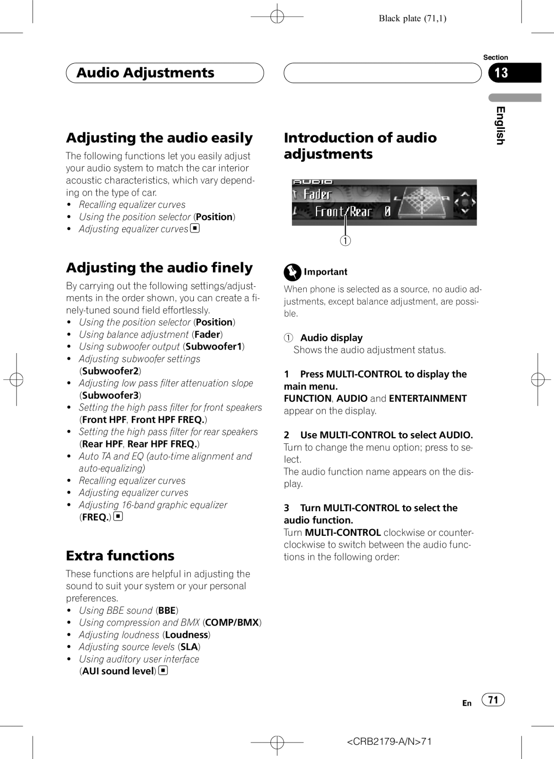 Pioneer DEH-P9850BT Audio Adjustments Adjusting the audio easily, Adjusting the audio finely, Extra functions 