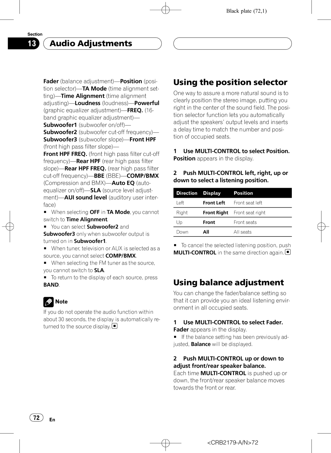 Pioneer DEH-P9850BT operation manual Audio Adjustments, Using the position selector, Using balance adjustment 