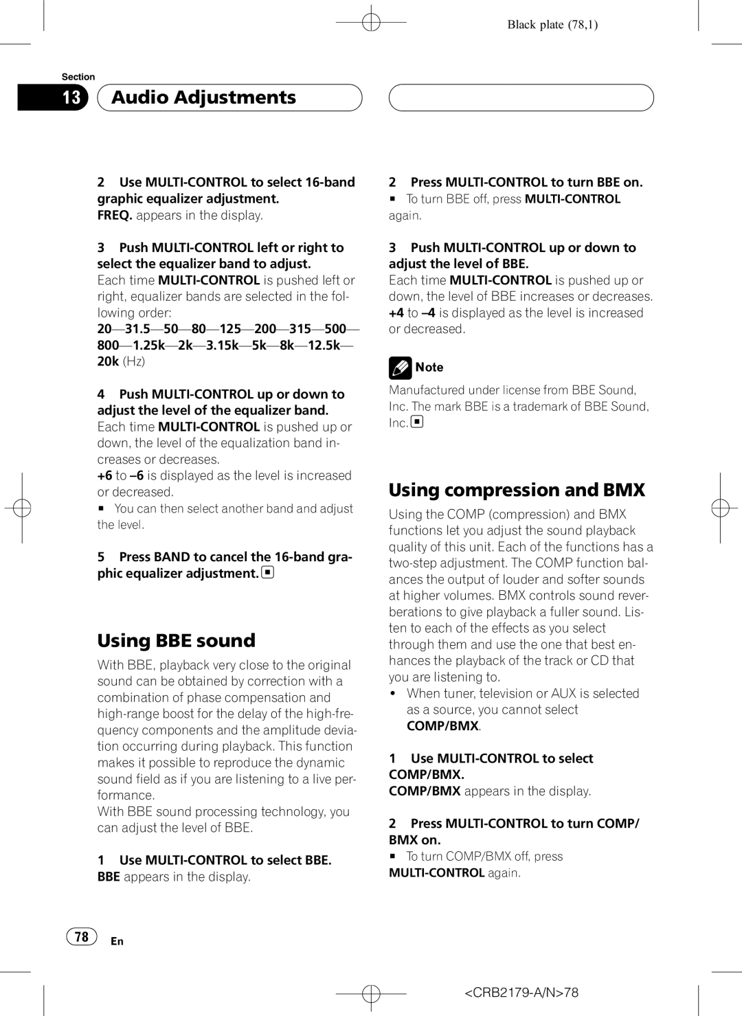 Pioneer DEH-P9850BT operation manual Using BBE sound, Using compression and BMX 