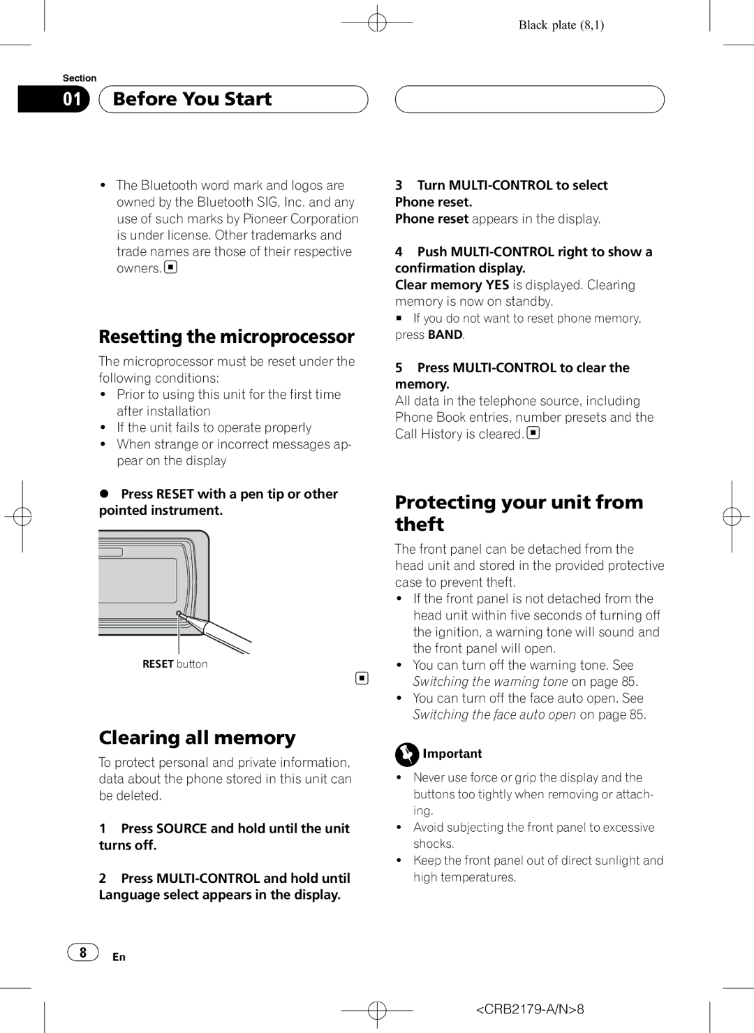 Pioneer DEH-P9850BT operation manual Resetting the microprocessor, Clearing all memory, Protecting your unit from theft 