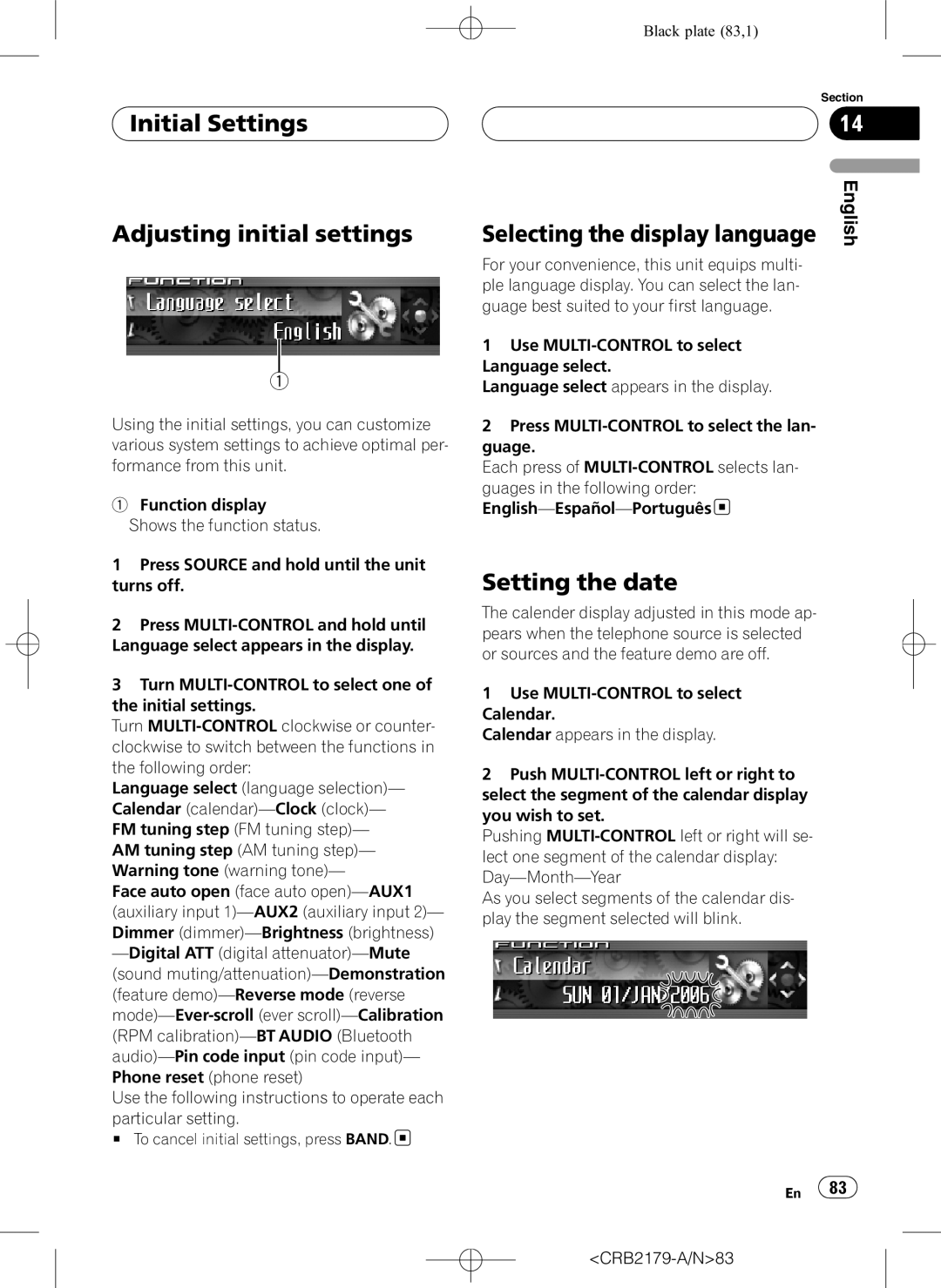 Pioneer DEH-P9850BT Initial Settings Adjusting initial settings, Selecting the display language, Setting the date 