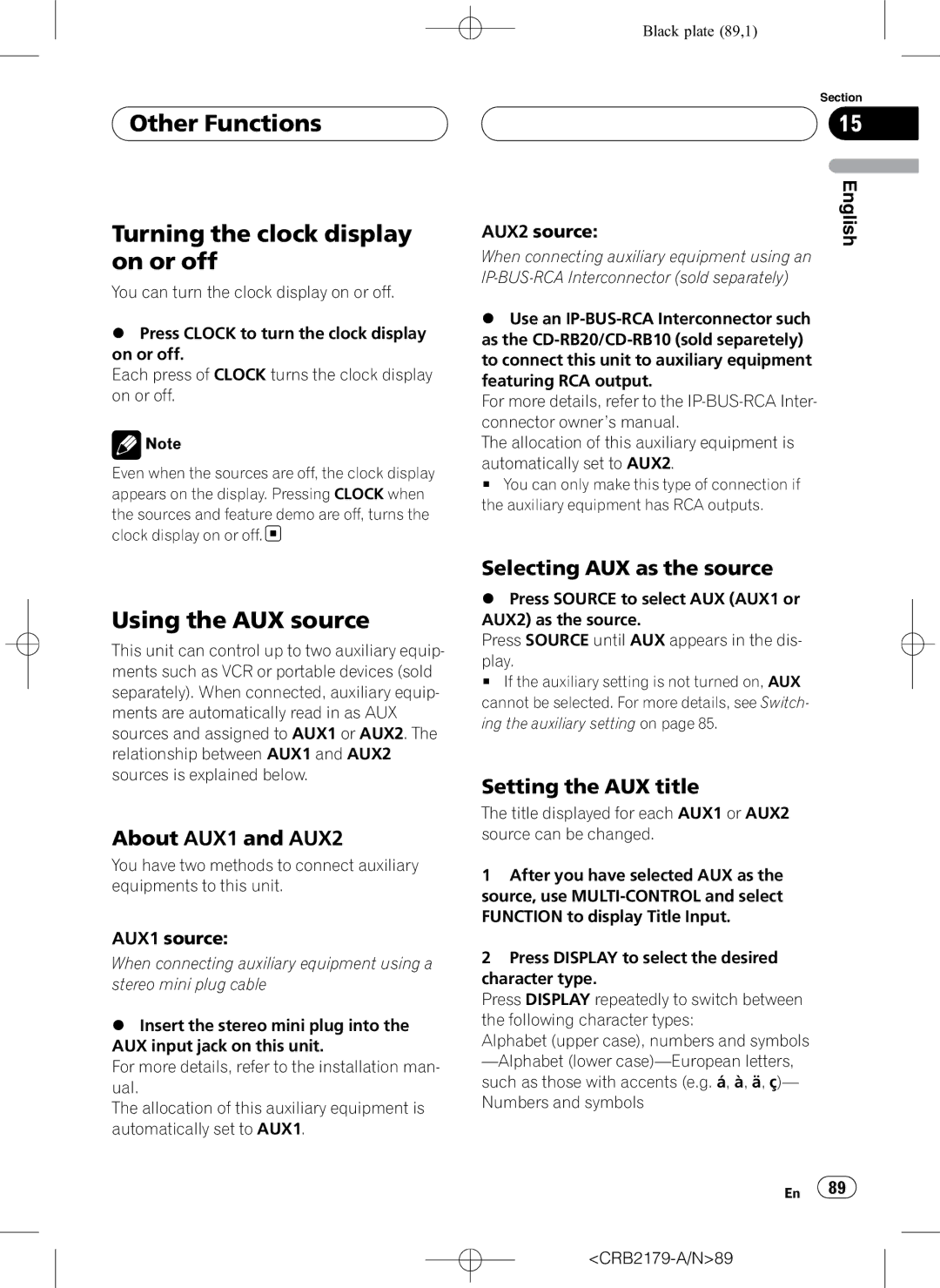 Pioneer DEH-P9850BT Other Functions Turning the clock display on or off, Using the AUX source, About AUX1 and AUX2 