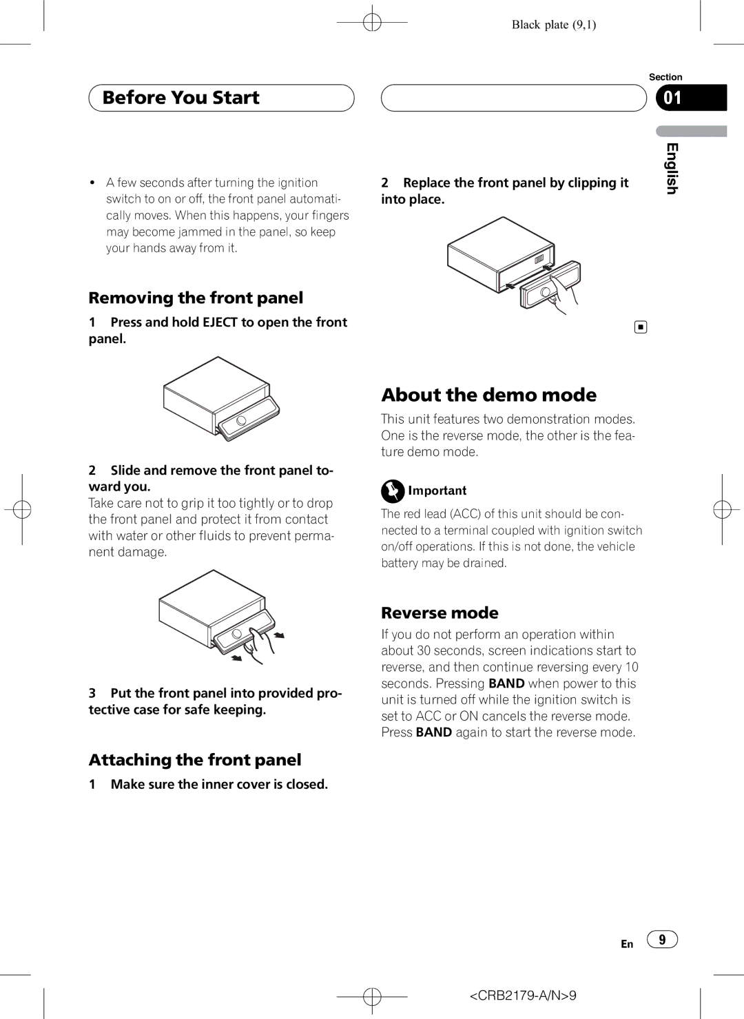 Pioneer DEH-P9850BT operation manual About the demo mode, Removing the front panel, Attaching the front panel, Reverse mode 