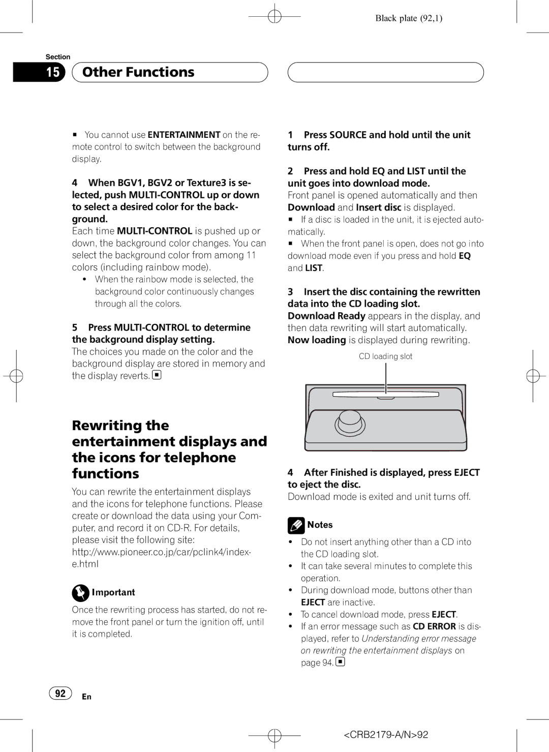 Pioneer DEH-P9850BT operation manual On rewriting the entertainment displays on CRB2179-A/N92 