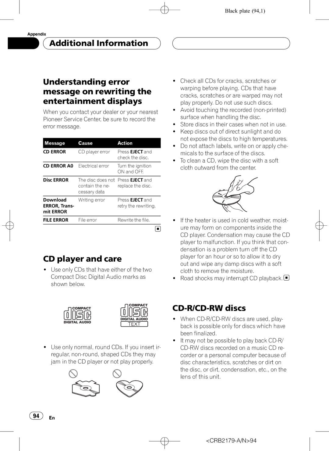 Pioneer DEH-P9850BT operation manual CD player and care, CD-R/CD-RW discs 