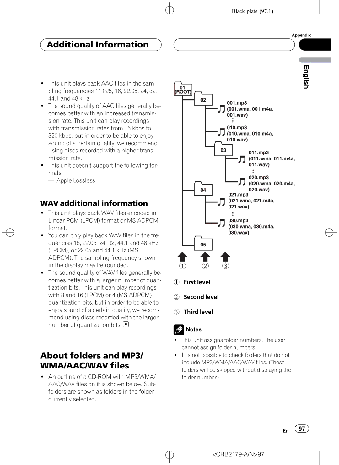 Pioneer DEH-P9850BT operation manual About folders and MP3/ WMA/AAC/WAV files, WAV additional information 