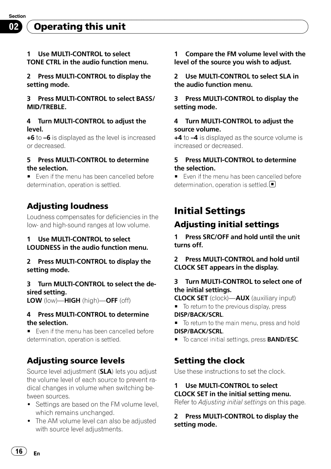 Pioneer DEH20UB owner manual Initial Settings, Adjusting loudness, Adjusting initial settings, Adjusting source levels 