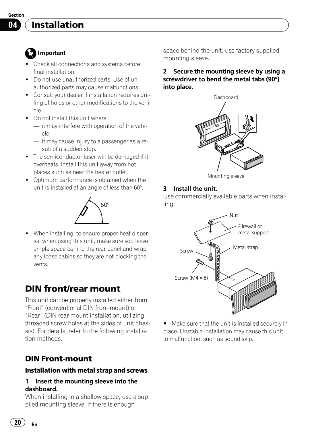 Pioneer DEH20UB owner manual DIN front/rear mount, DIN Front-mount, Installation with metal strap and screws 