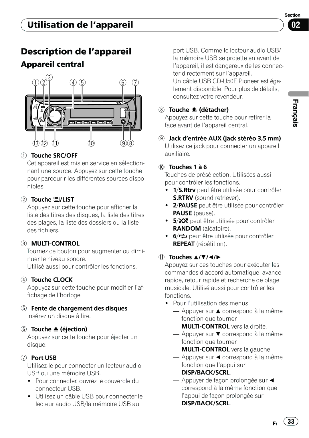 Pioneer DEH20UB owner manual Utilisation de l’appareil Description de l’appareil, Appareil central, List 