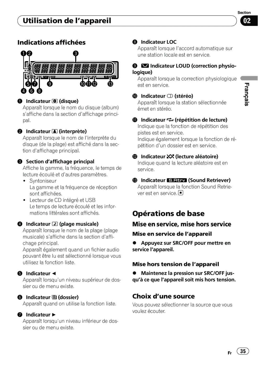 Pioneer DEH20UB Opérations de base, Indications affichées, Mise en service, mise hors service, Choix d’une source 