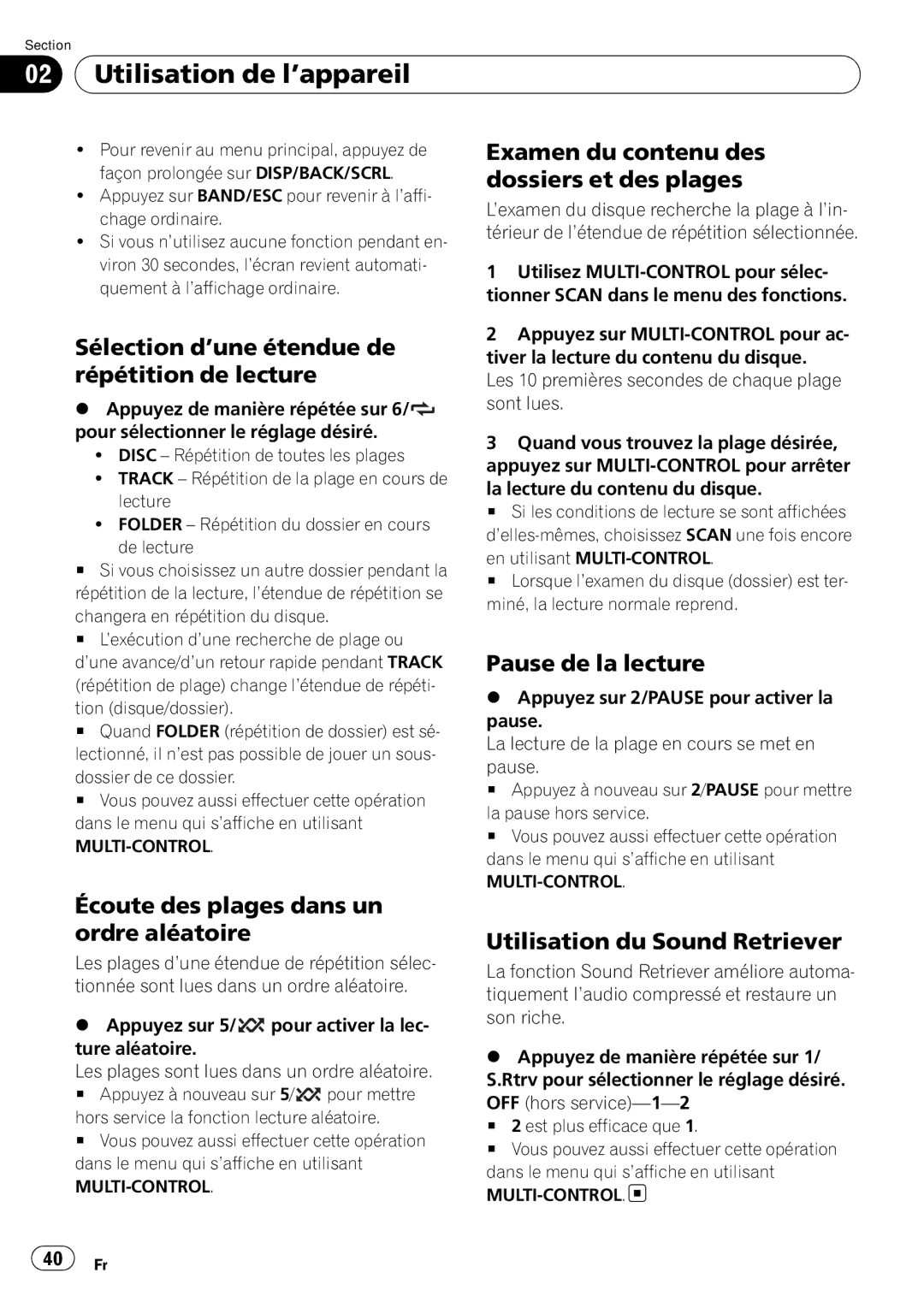 Pioneer DEH20UB owner manual Sélection d’une étendue de répétition de lecture, Examen du contenu des dossiers et des plages 