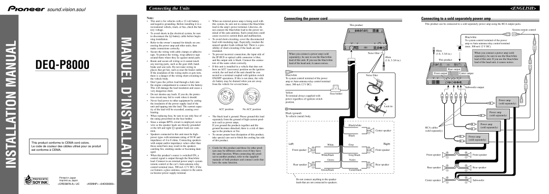 Pioneer DEQ-P8000 installation manual Connecting the power cord, Connecting to a sold separately power amp, Left, Right 