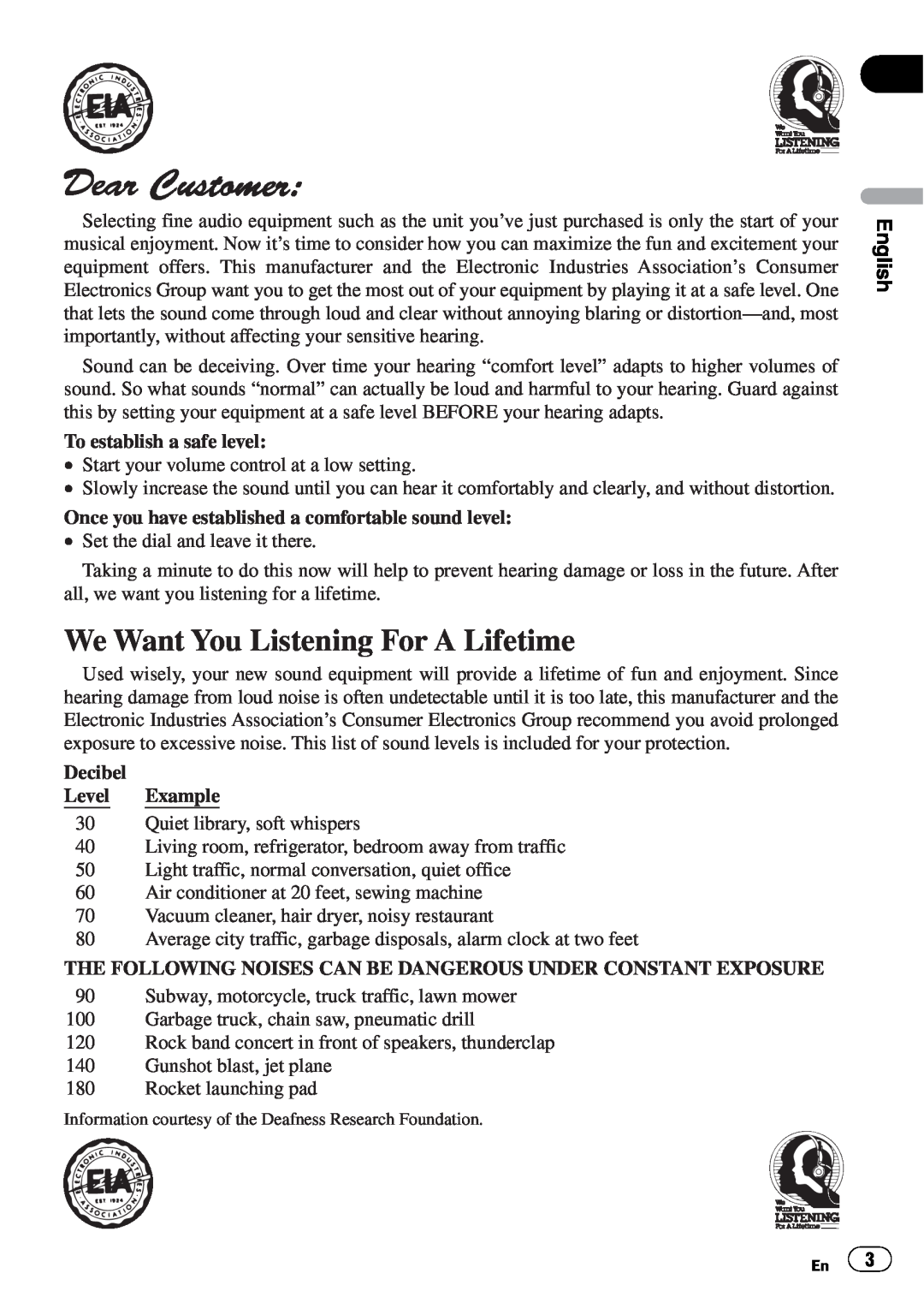 Pioneer DEQ-P8000 operation manual We Want You Listening For A Lifetime, To establish a safe level, Decibel Level Example 