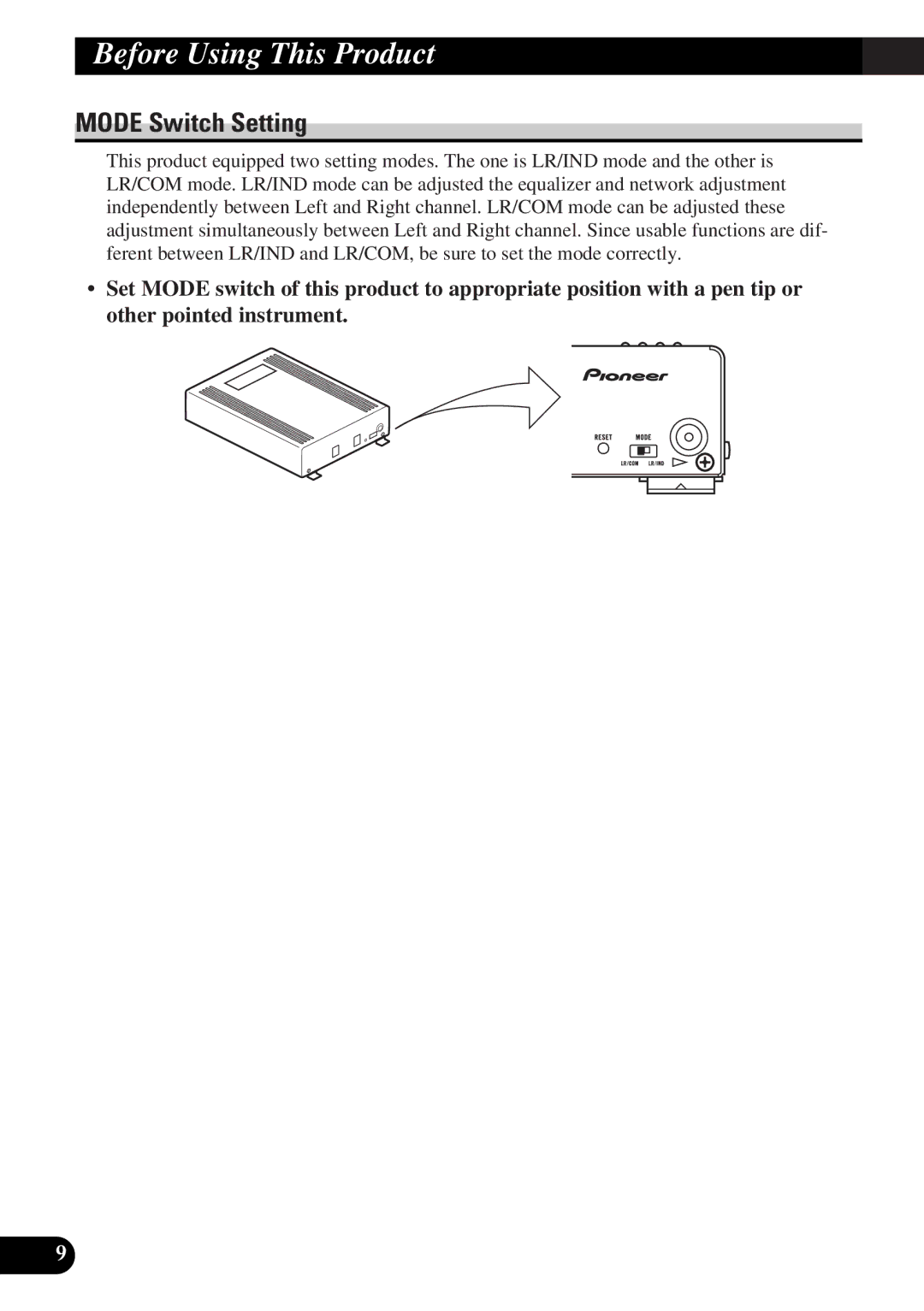 Pioneer DEQ-P9 owner manual Mode Switch Setting 