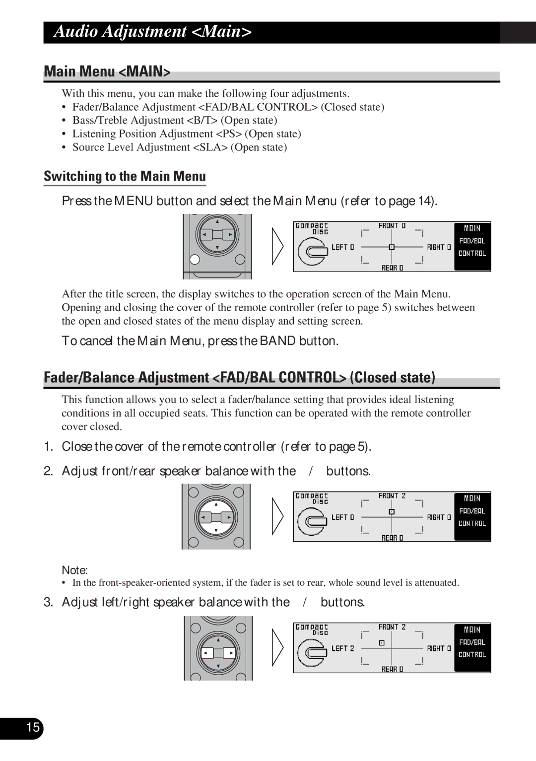 Pioneer DEQ-P9 owner manual Audio Adjustment Main, Main Menu Main, Fader/Balance Adjustment FAD/BAL Control Closed state 