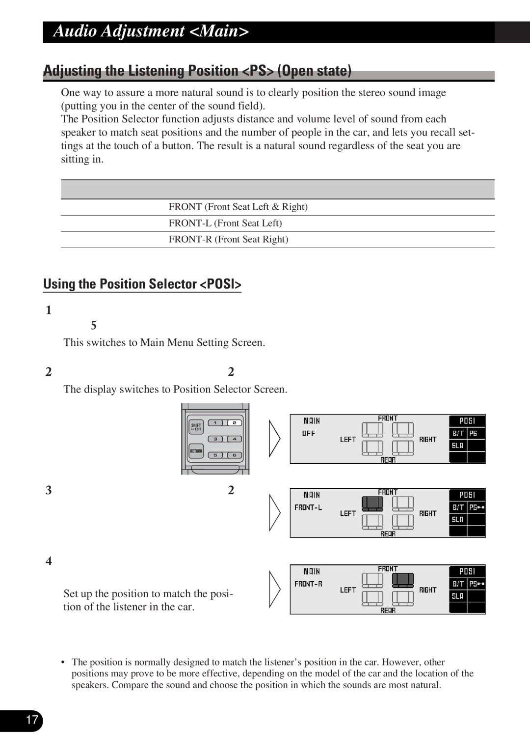 Pioneer DEQ-P9 Adjusting the Listening Position PS Open state, Using the Position Selector Posi, Button Position 