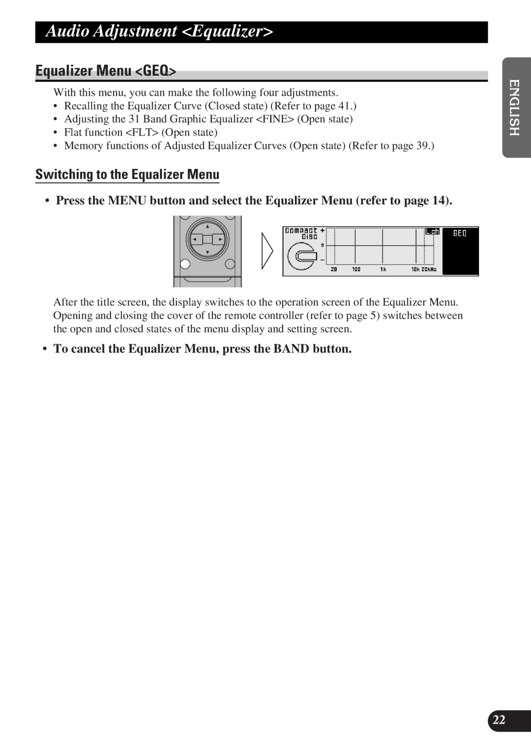 Pioneer DEQ-P9 owner manual Audio Adjustment Equalizer, Equalizer Menu GEQ, Switching to the Equalizer Menu 