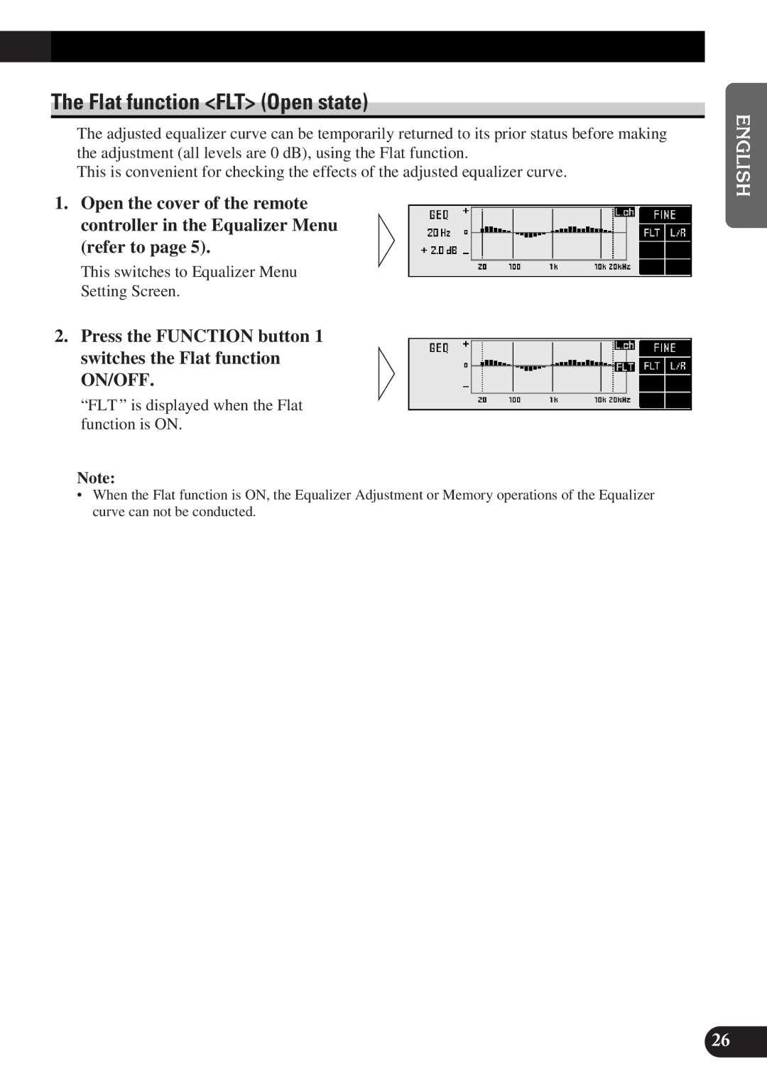 Pioneer DEQ-P9 owner manual Flat function FLT Open state, FLT is displayed when the Flat function is on 