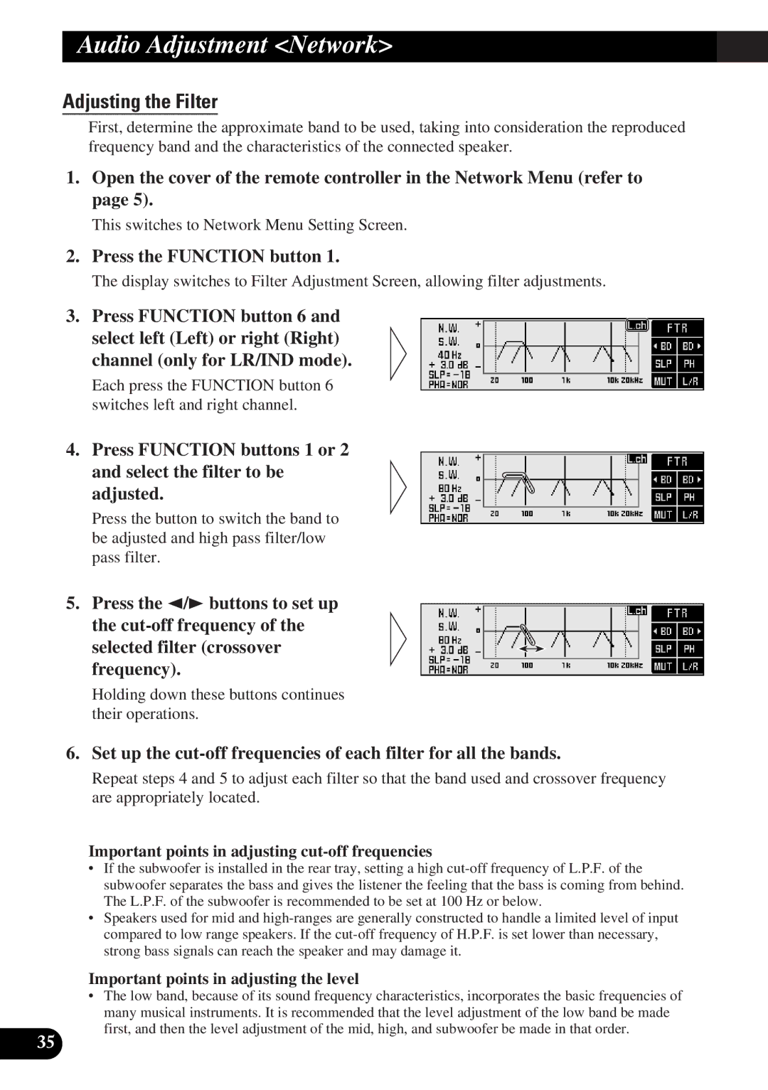 Pioneer DEQ-P9 owner manual Adjusting the Filter, Important points in adjusting cut-off frequencies 